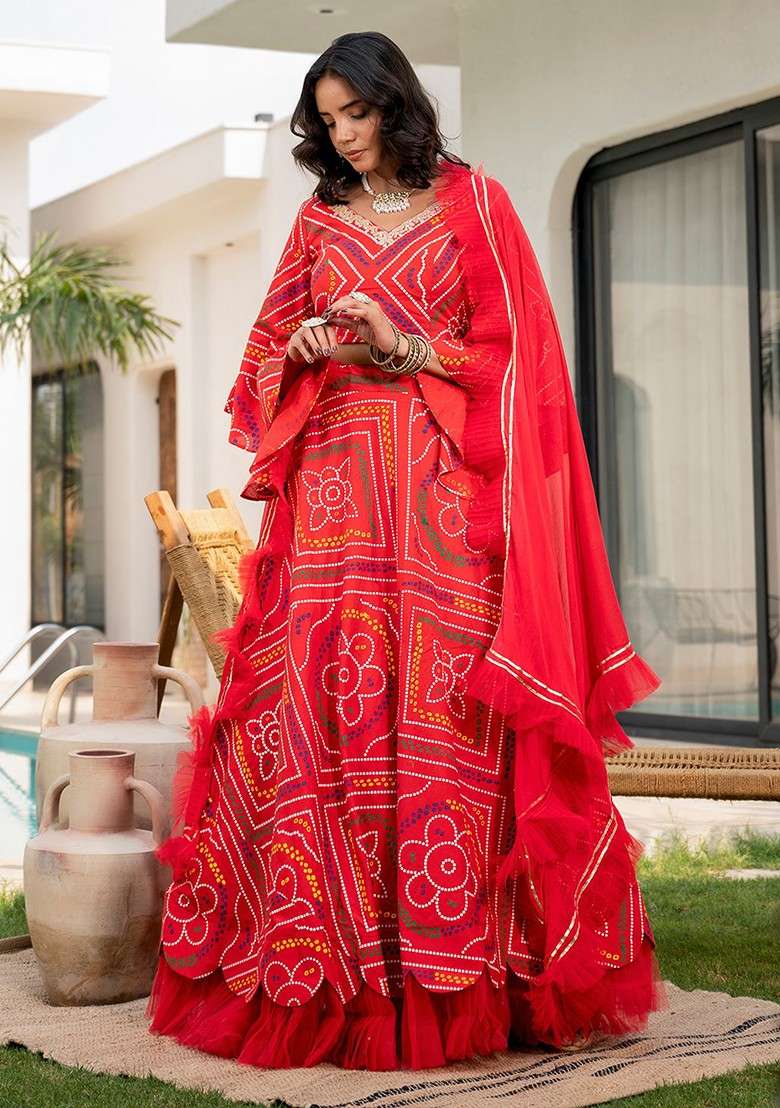 Red Printed Blended Lehenga Choli - Indya