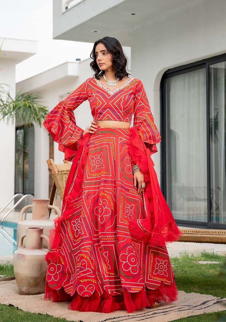 Red Printed Blended Lehenga Choli - Indya