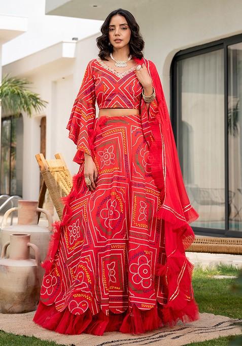 Red Printed Blended Lehenga Choli — view on Indya