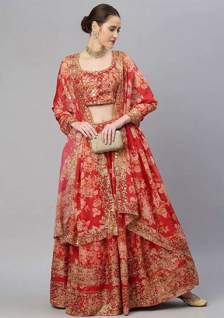 Red Emboridered Blended Lehenga Choli - Indya