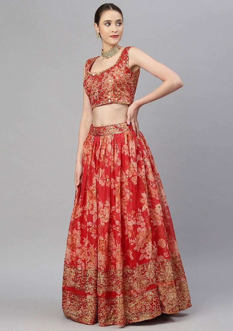 Red Emboridered Blended Lehenga Choli - Indya