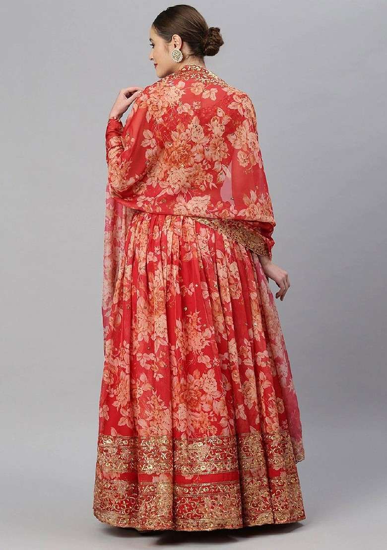 Red Emboridered Blended Lehenga Choli - Indya