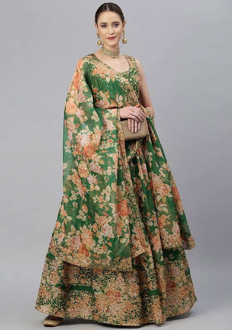 Green Emboridered Blended Lehenga Choli - Indya