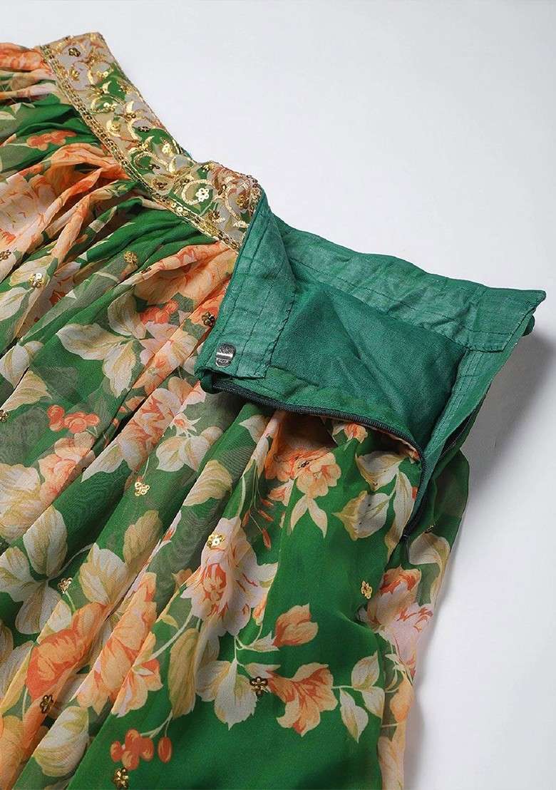 Green Emboridered Blended Lehenga Choli - Indya