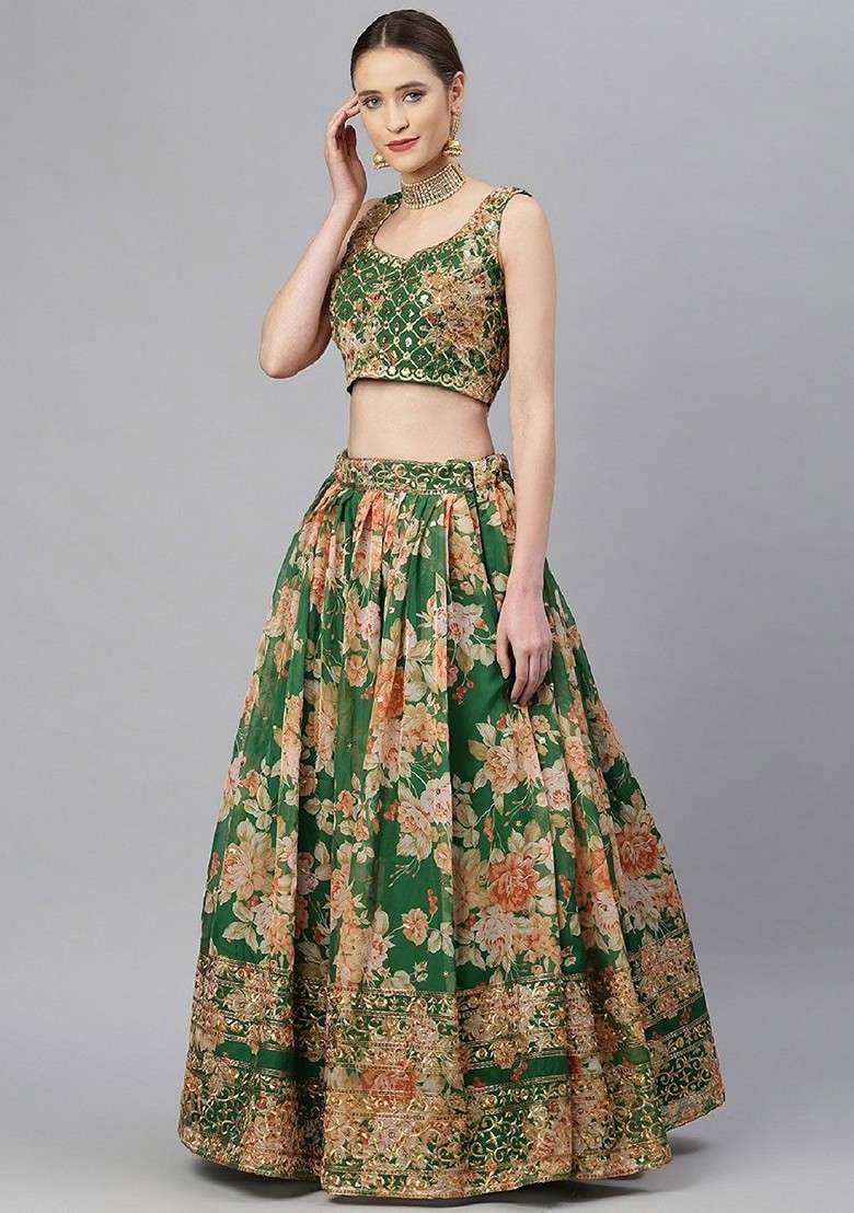 Green Emboridered Blended Lehenga Choli - Indya