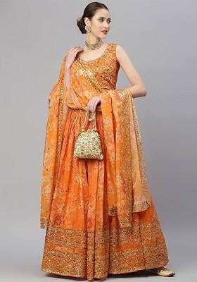 Orange Emboridered Blended Lehenga Choli