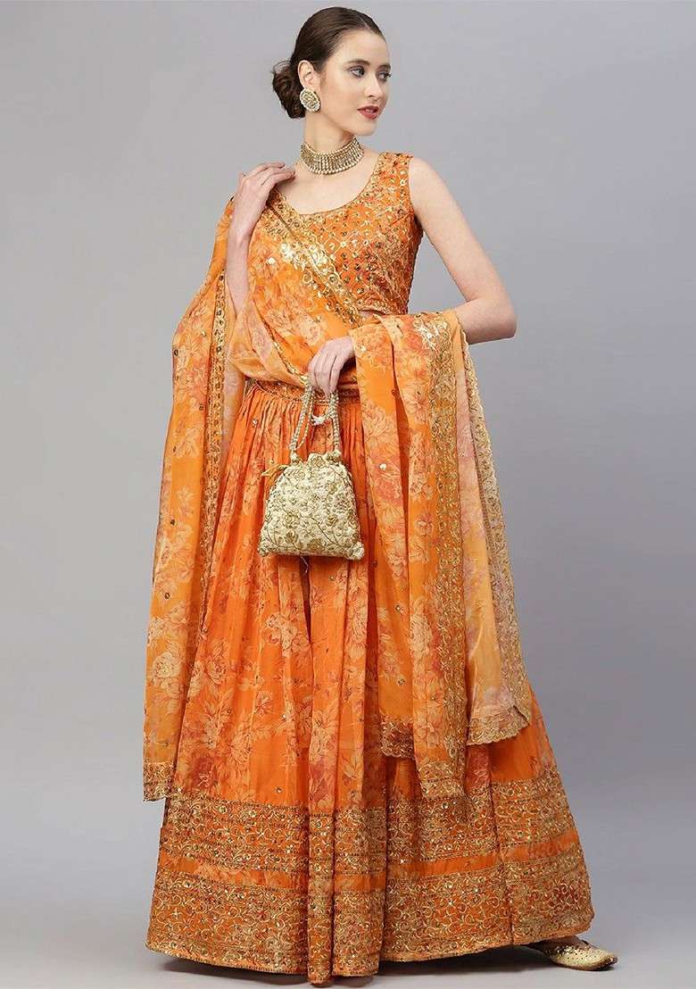 Orange Emboridered Blended Lehenga Choli - Indya