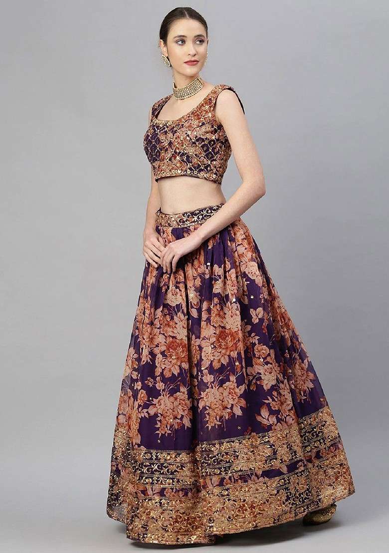 Purple Emboridered Blended Lehenga Choli - Indya