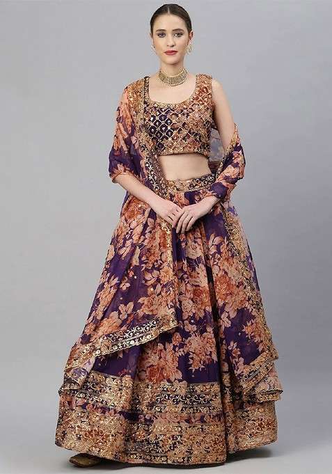 Purple Emboridered Blended Lehenga Choli