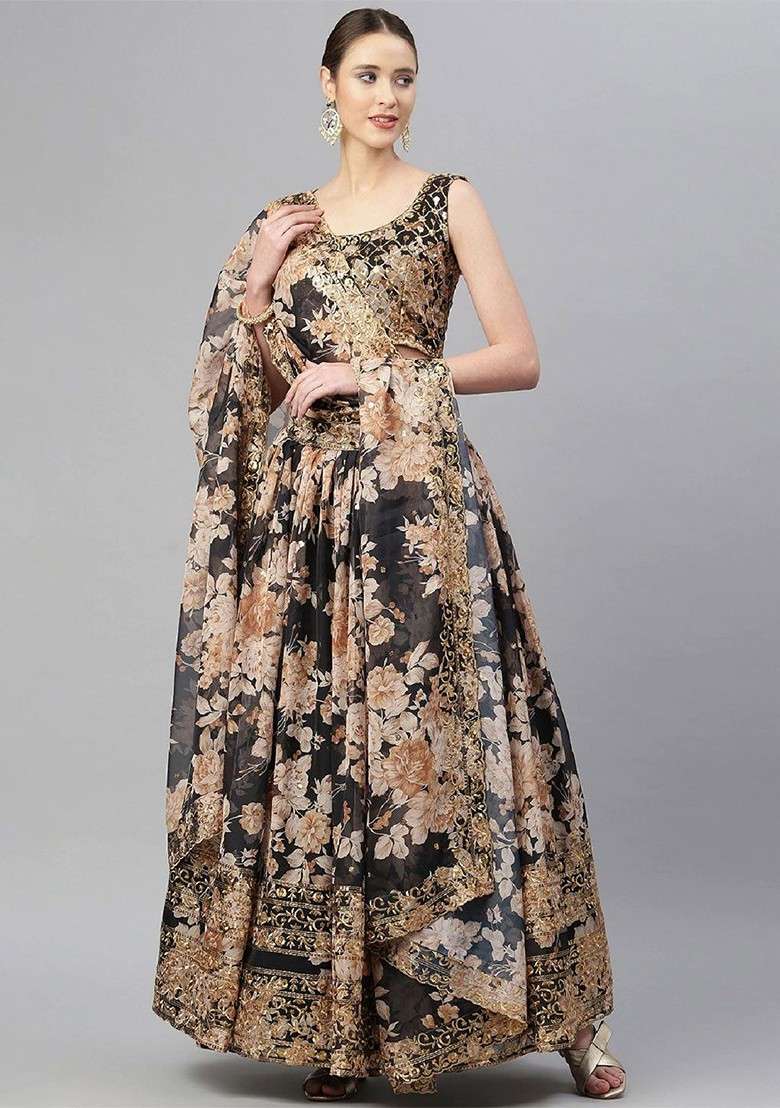 Black Emboridered Blended Lehenga Choli - Indya