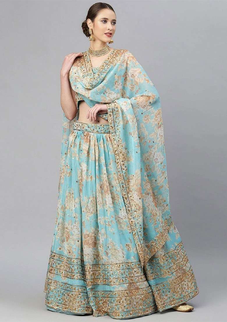 Blue Emboridered Blended Lehenga Choli - Indya