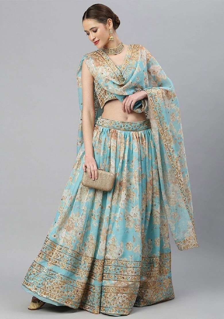 Blue Emboridered Blended Lehenga Choli - Indya