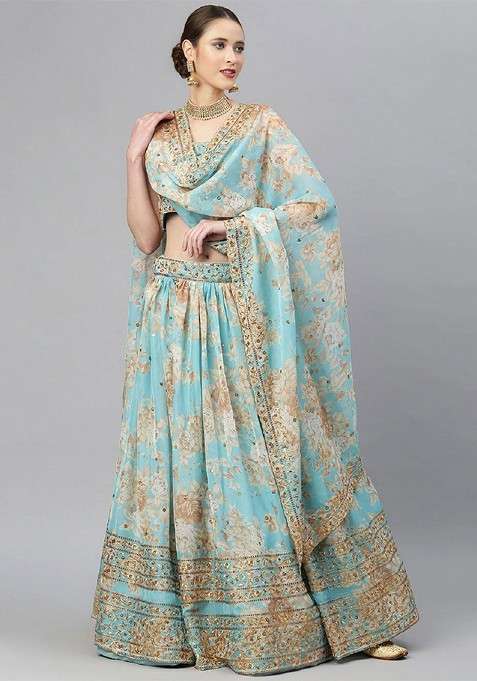 Blue Emboridered Blended Lehenga Choli