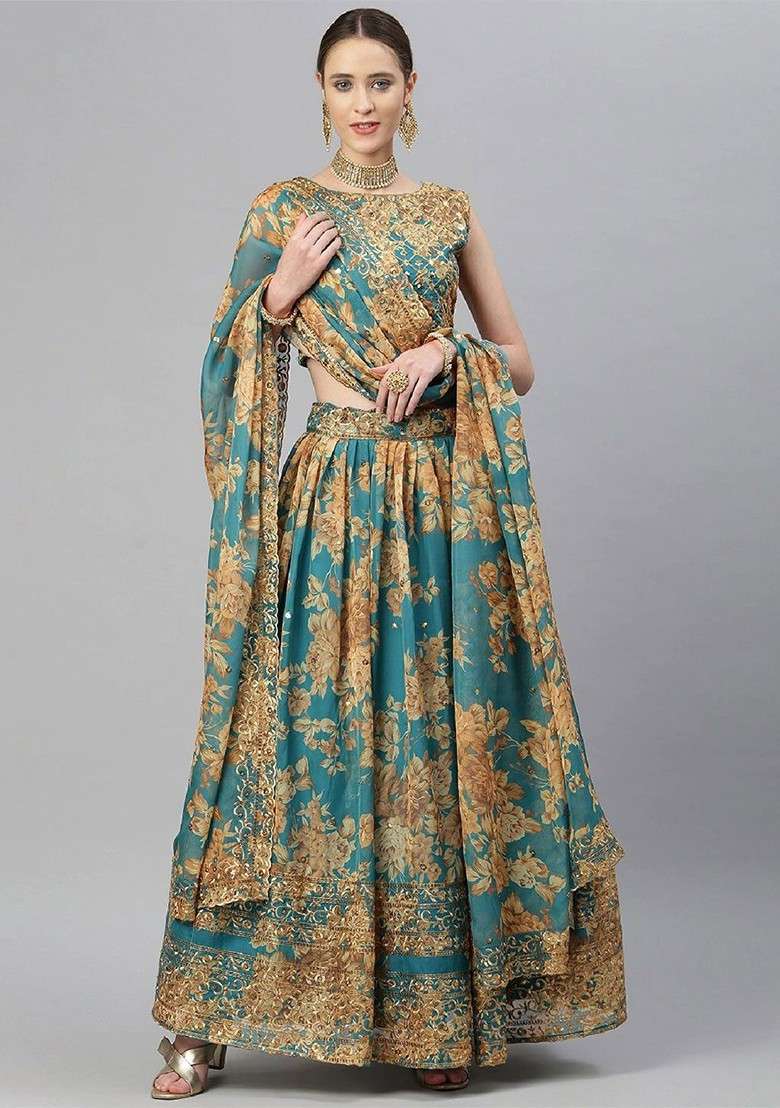 Teal Emboridered Blended Lehenga Choli - Indya