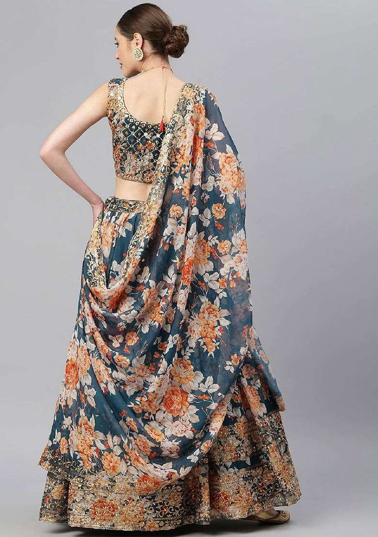 Blue Printed Blended Lehenga Choli - Indya