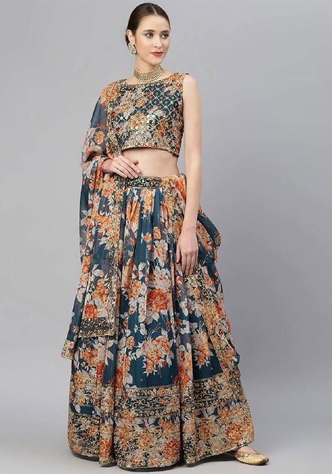 Blue Printed Blended Lehenga Choli — view on Indya