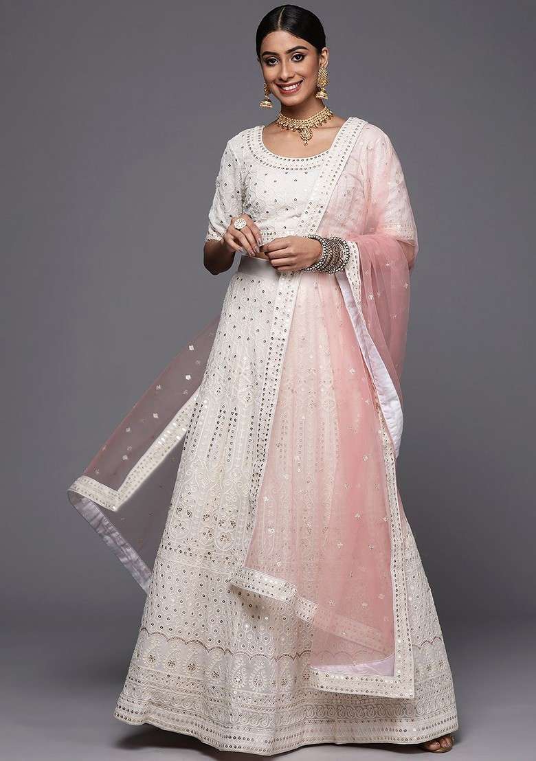 Off White Emboridered Blended Lehenga Choli - Indya