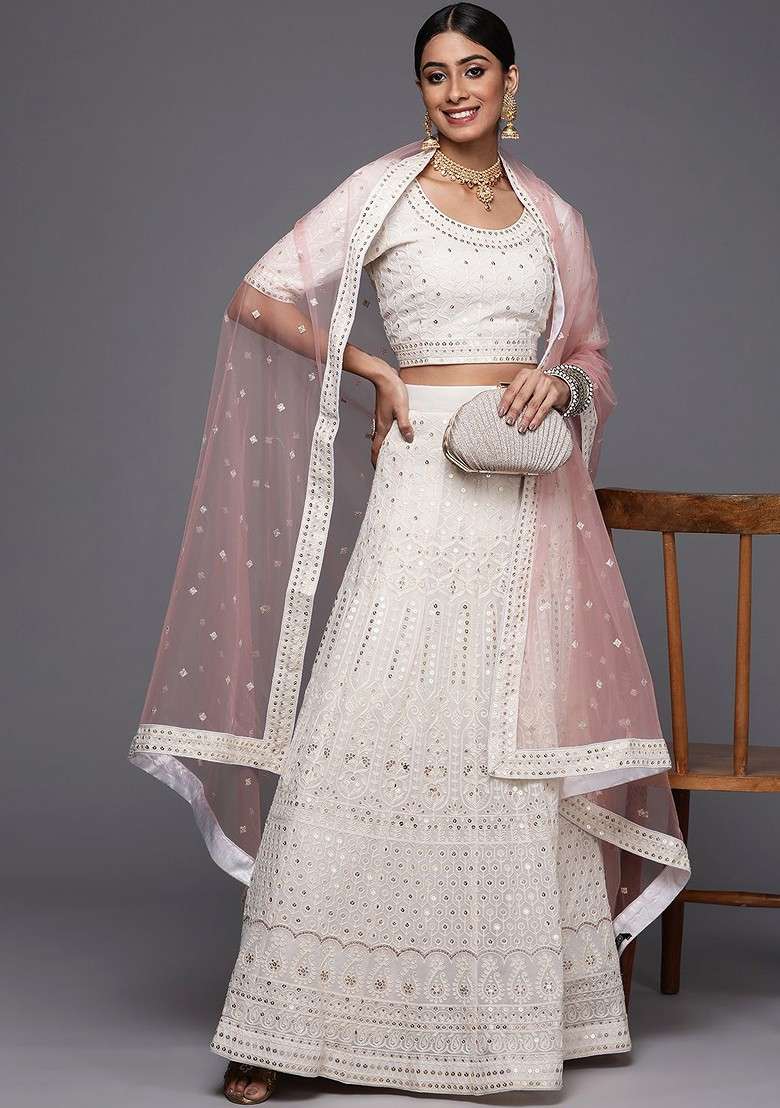 Off White Emboridered Blended Lehenga Choli - Indya