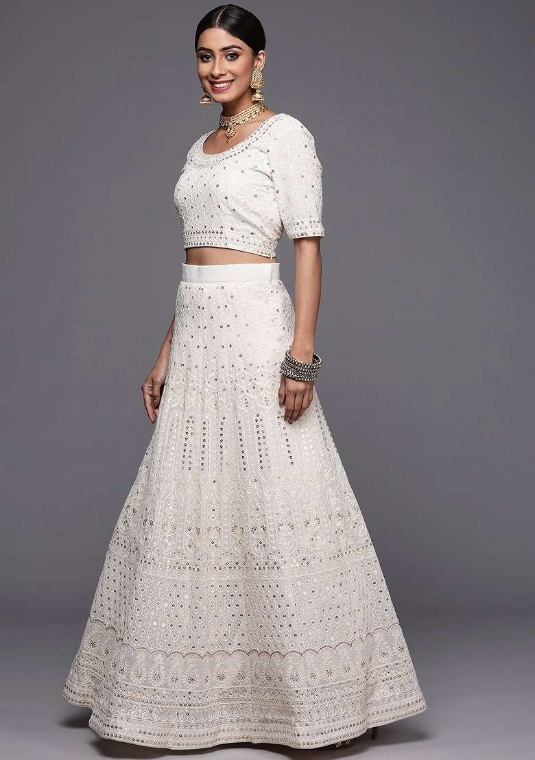 Off White Emboridered Blended Lehenga Choli - Indya