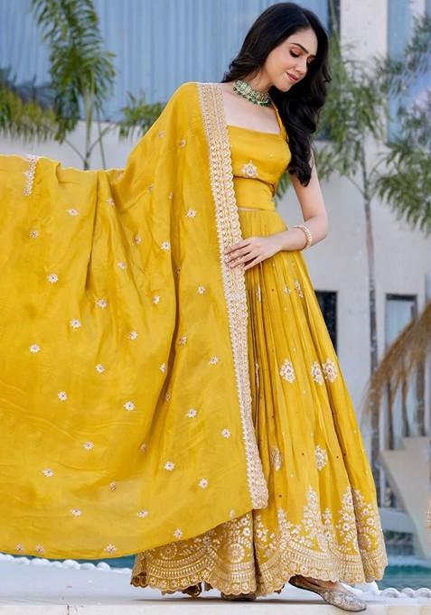 Yellow Embellished Blended Lehenga Choli