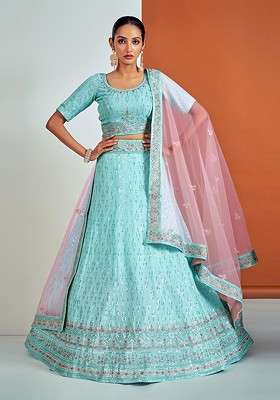 Turquoise Blue Emboridered Blended Lehenga Choli