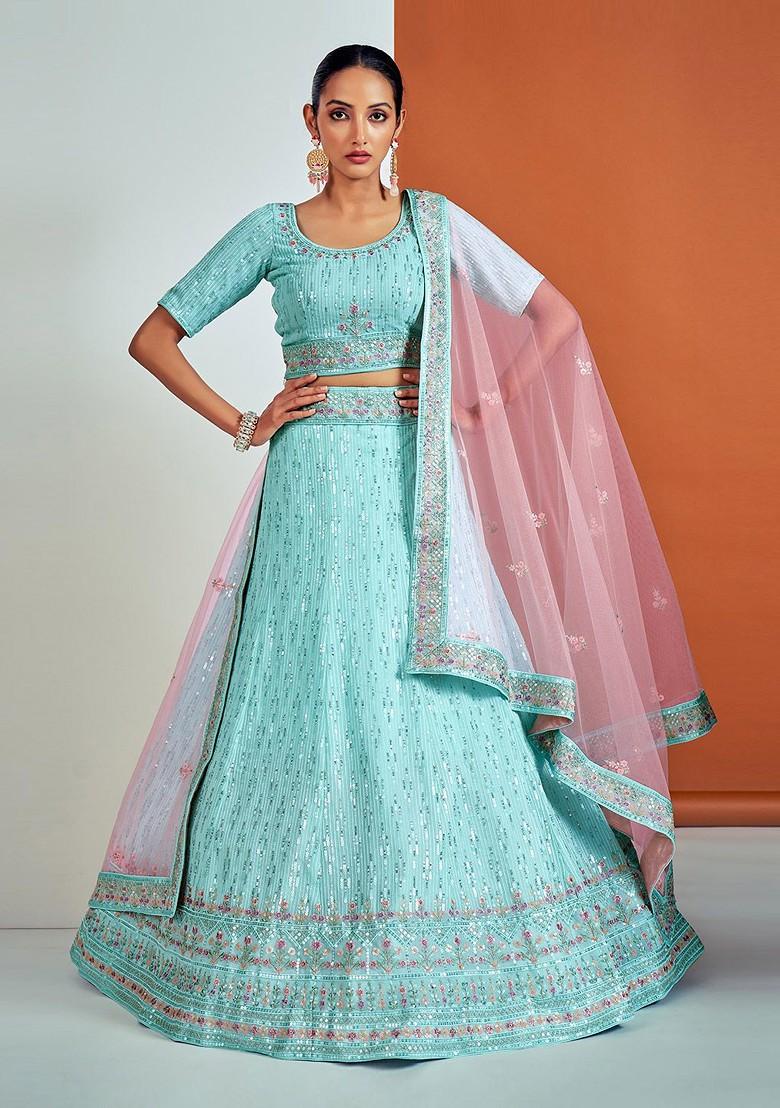 Turquoise Blue Emboridered Blended Lehenga Choli - Indya