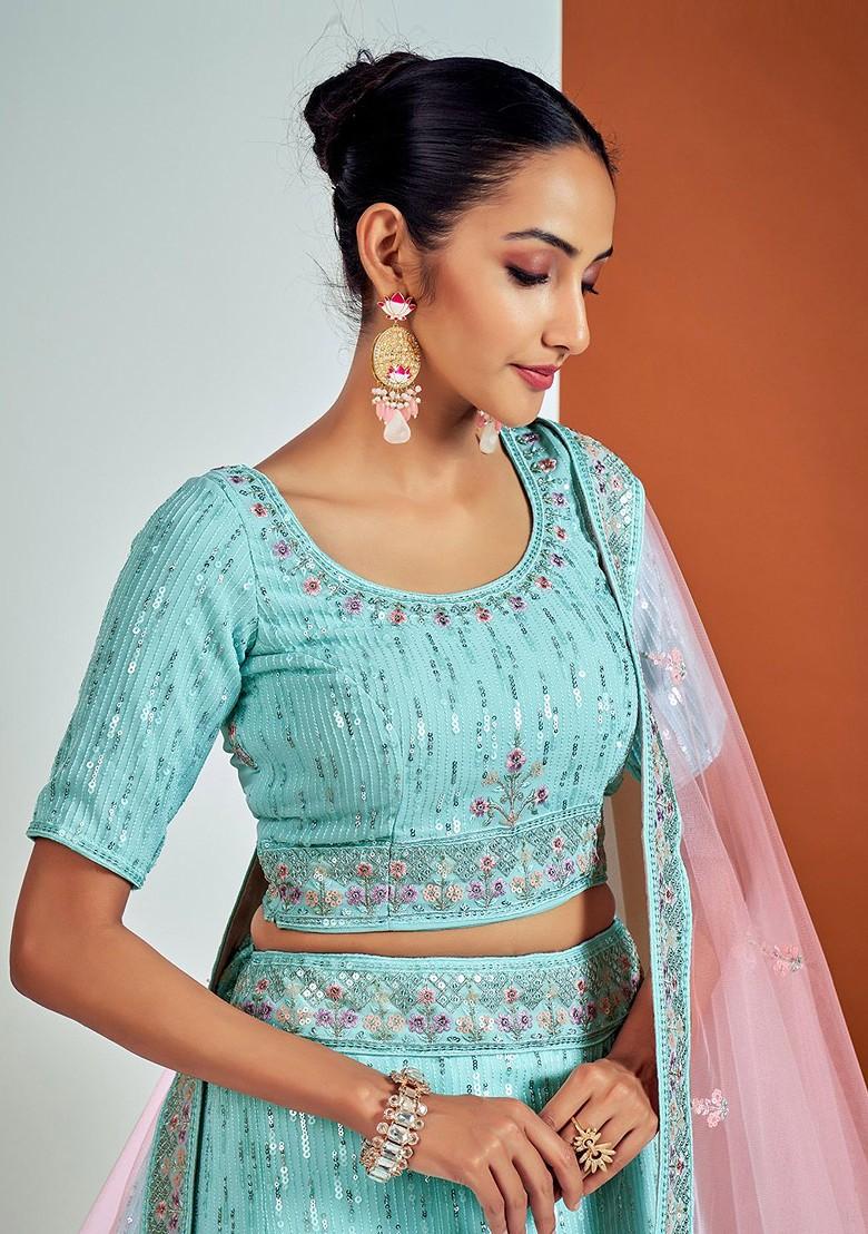 Turquoise Blue Emboridered Blended Lehenga Choli - Indya