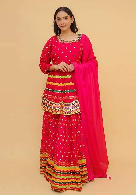 Pink Emboridered Blended Chaniya Choli Set For Navratri And Garba