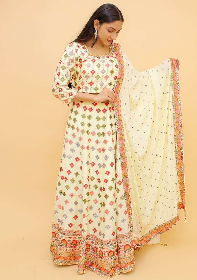 Cream Emboridered Blended Lehenga Choli - Indya