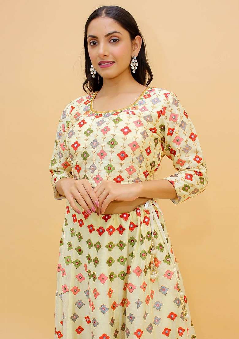 Cream Emboridered Blended Lehenga Choli - Indya