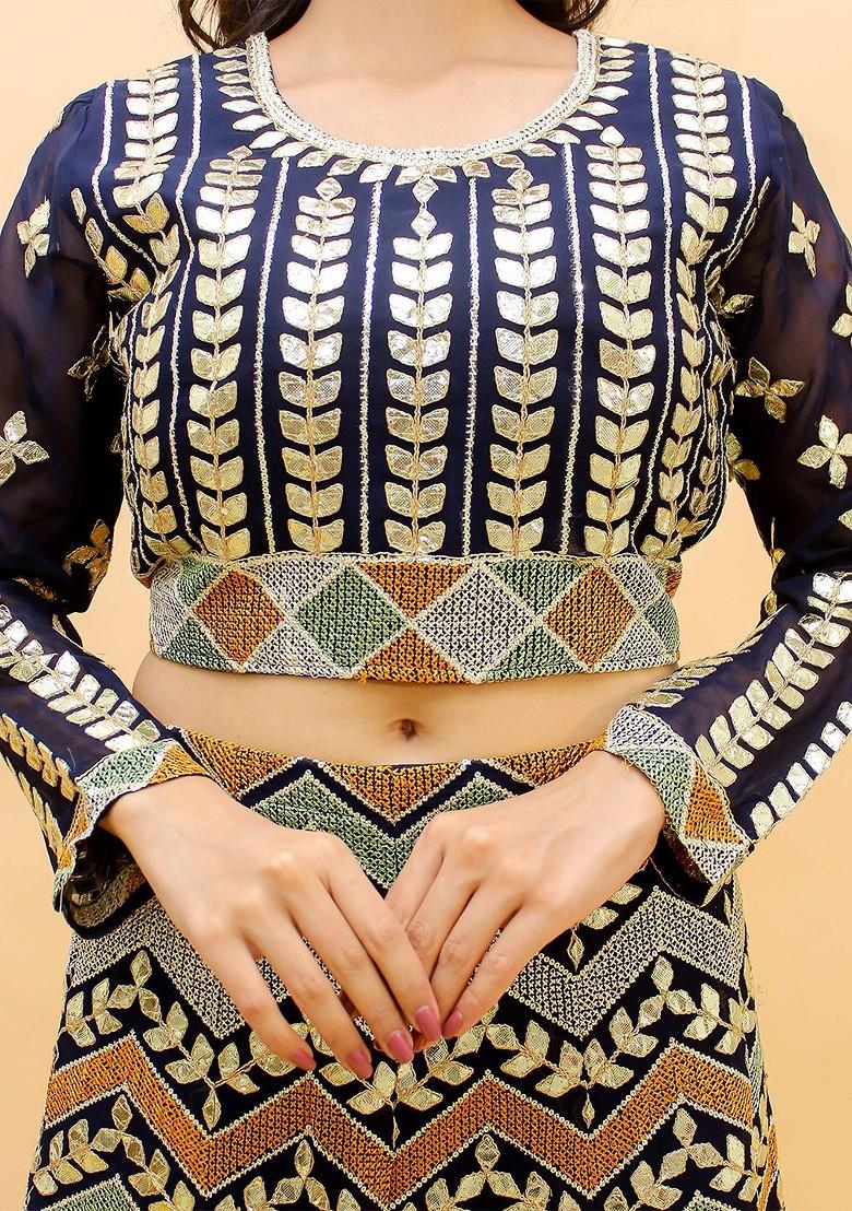 Navy Blue Emboridered Blended Lehenga Choli - Indya