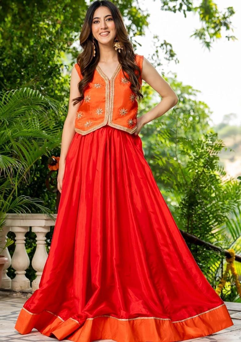 Orange Emboridered Blended Lehenga Choli