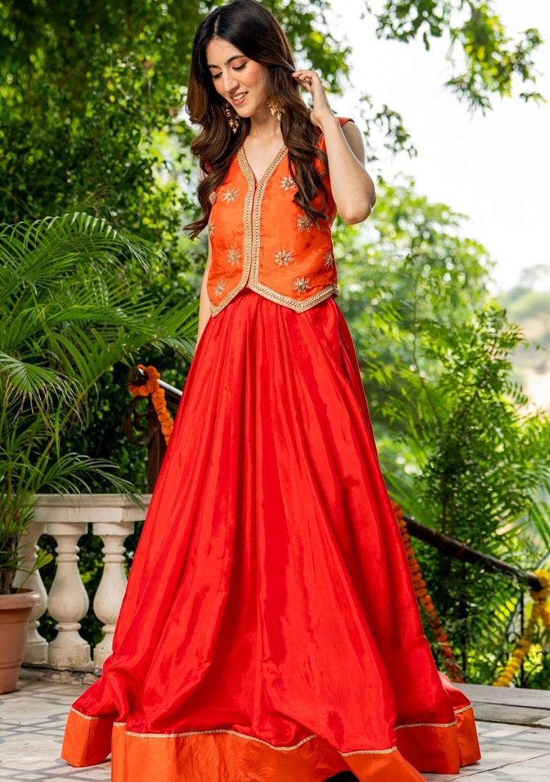 Orange Emboridered Blended Lehenga Choli
