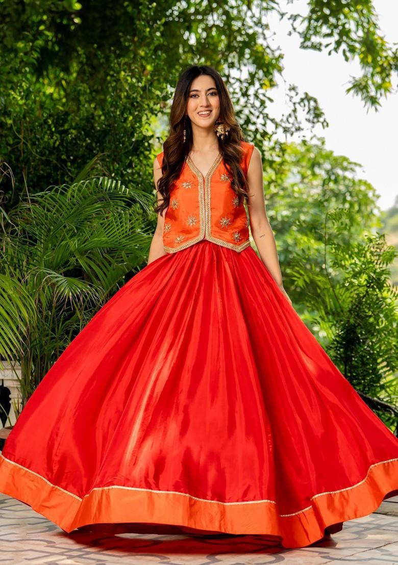 Orange Emboridered Blended Lehenga Choli