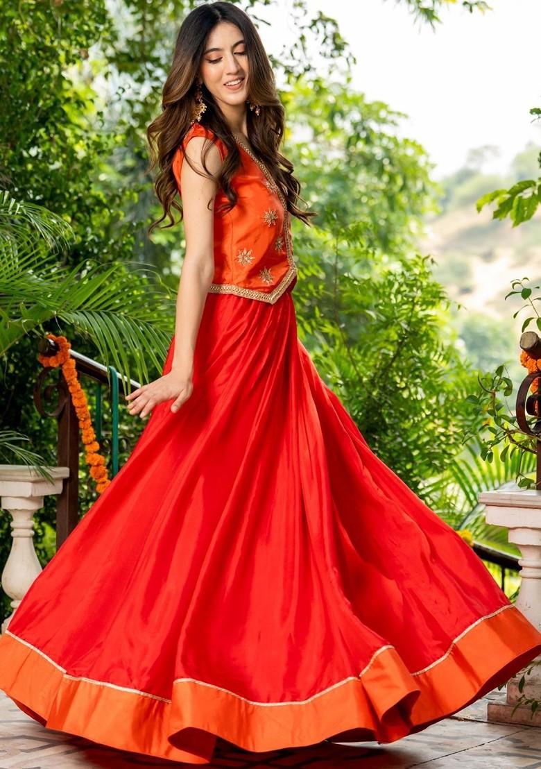 Orange Emboridered Blended Lehenga Choli