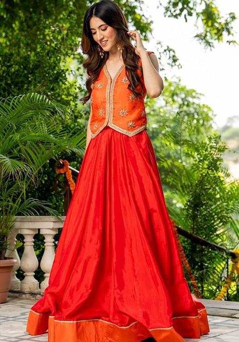 Orange Emboridered Blended Lehenga Choli