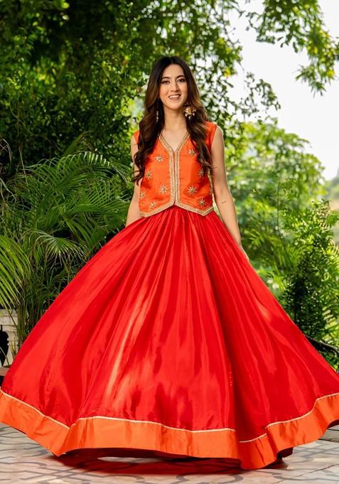 Orange Emboridered Blended Lehenga Choli