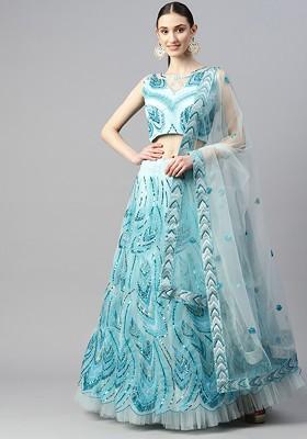 Turquoise Blue Embellished Blended Lehenga Choli
