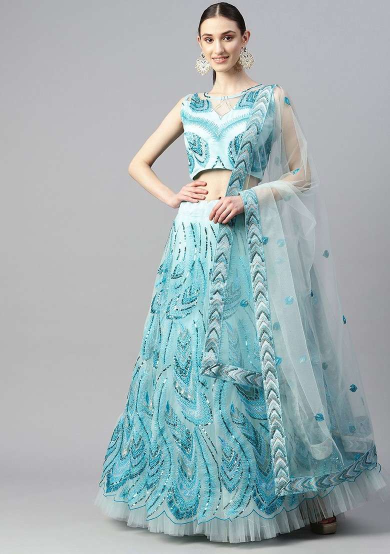 Turquoise Blue Embellished Blended Lehenga Choli - Indya