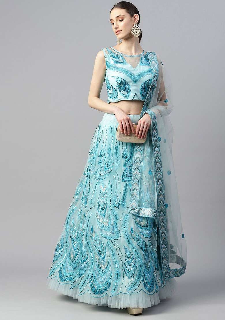 Turquoise Blue Embellished Blended Lehenga Choli - Indya