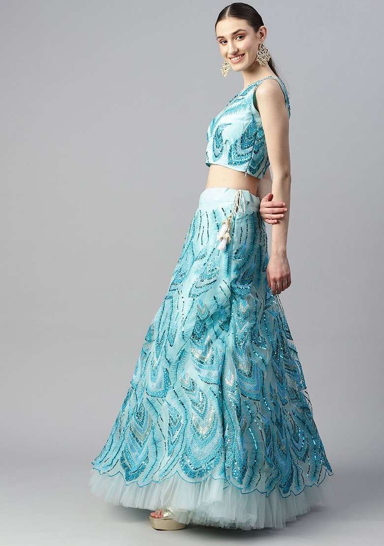 Turquoise Blue Embellished Blended Lehenga Choli - Indya