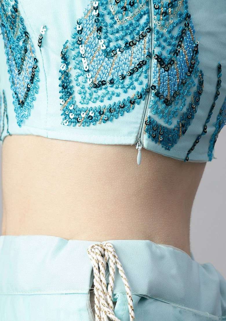 Turquoise Blue Embellished Blended Lehenga Choli - Indya