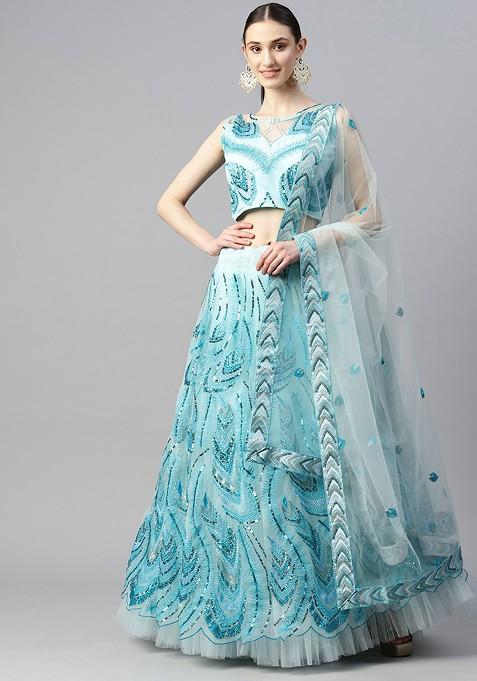 Turquoise Blue Embellished Blended Lehenga Choli — view on Indya