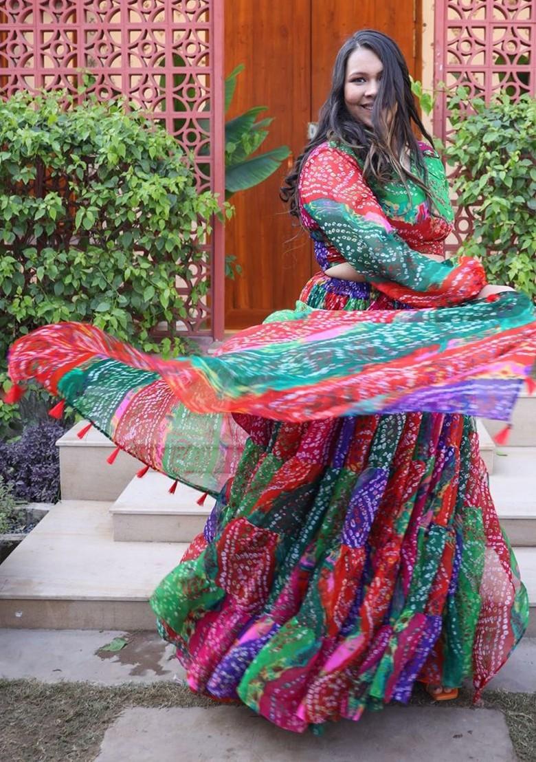 Red Printed Blended Lehenga Choli - Indya