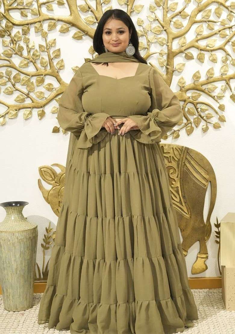 Olive Emboridered Blended Chaniya Choli Set For Navratri And Garba - Indya