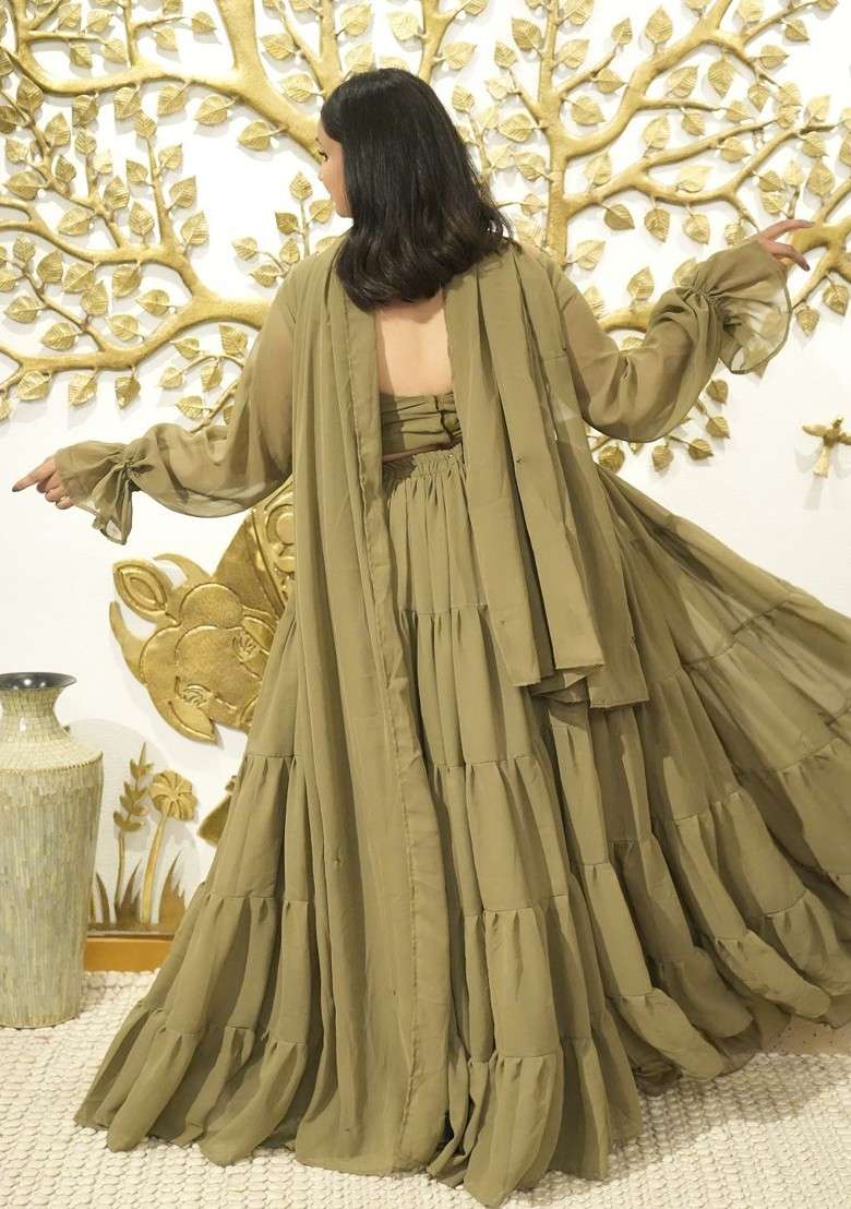 Olive Emboridered Blended Chaniya Choli Set For Navratri And Garba - Indya