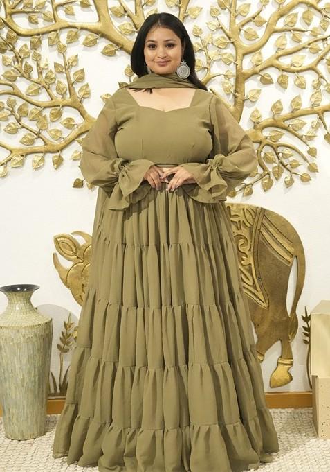 Olive Emboridered Blended Chaniya Choli Set For Navratri And Garba