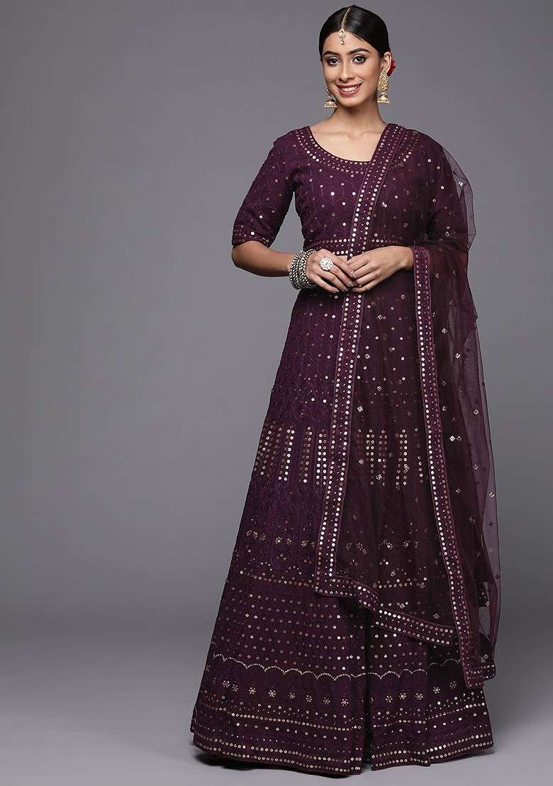 Burgundy Emboridered Blended Lehenga Choli - Indya