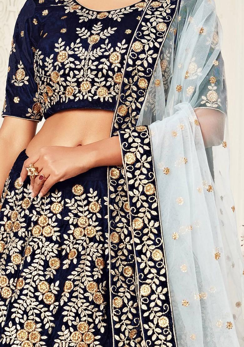Navy Blue Emboridered Blended Lehenga Choli - Indya