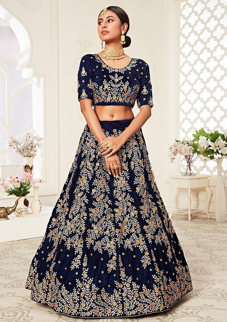 Navy Blue Emboridered Blended Lehenga Choli - Indya